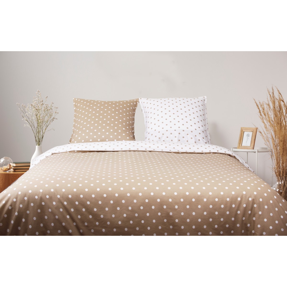 Parure de lit 100%coton Pois capuccino