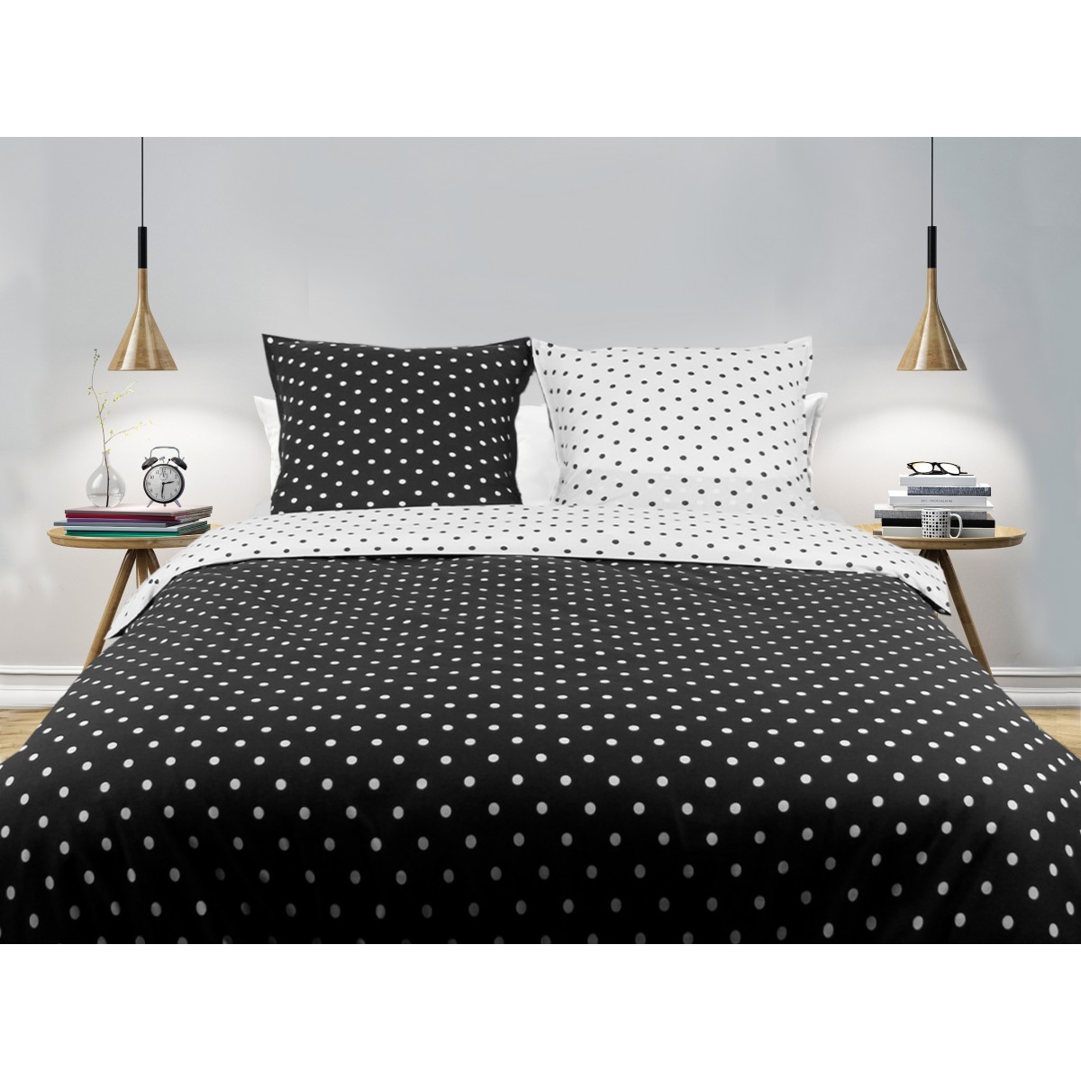 Parure de lit 100%coton Pois gris