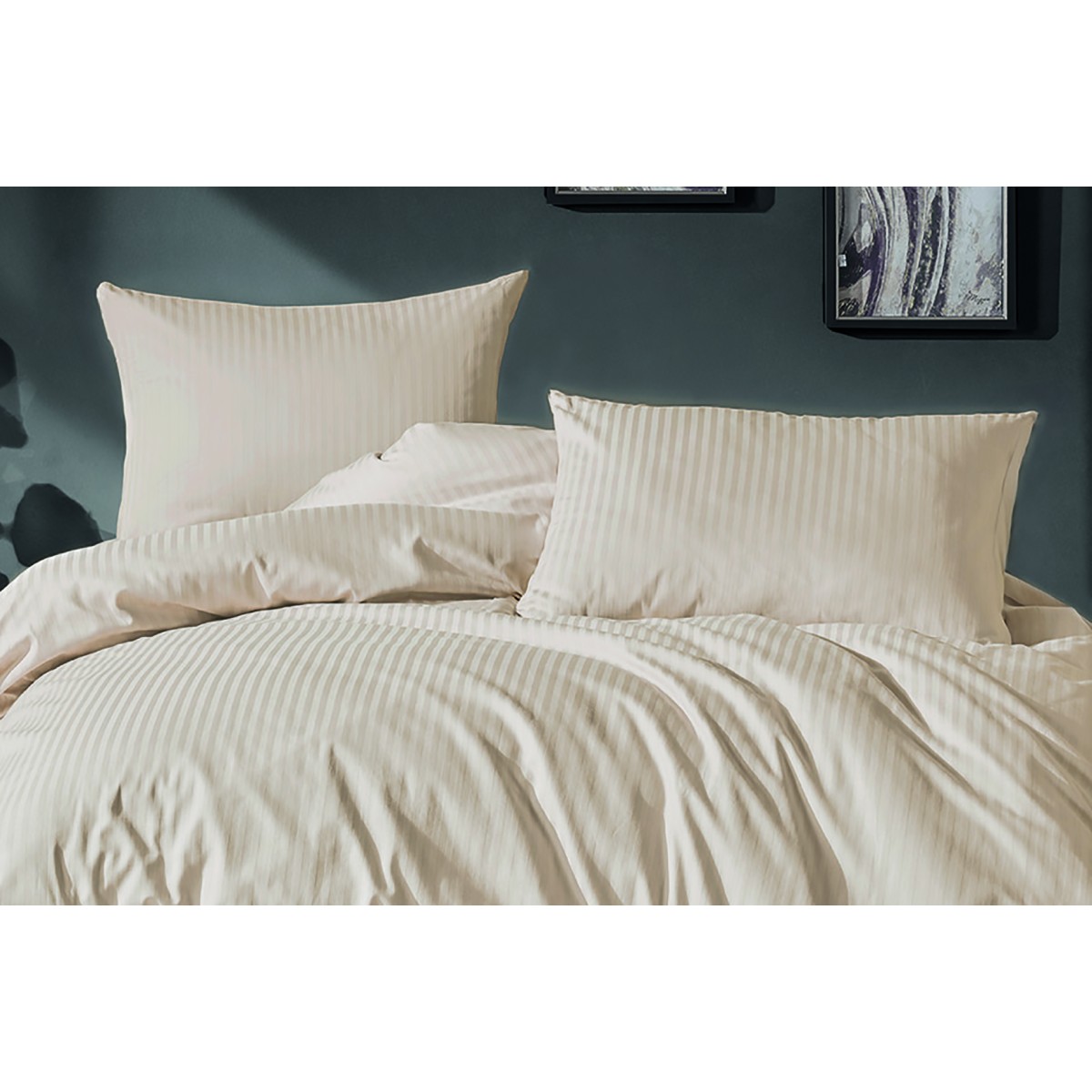 Parure de lit - Satin de coton beige rayé