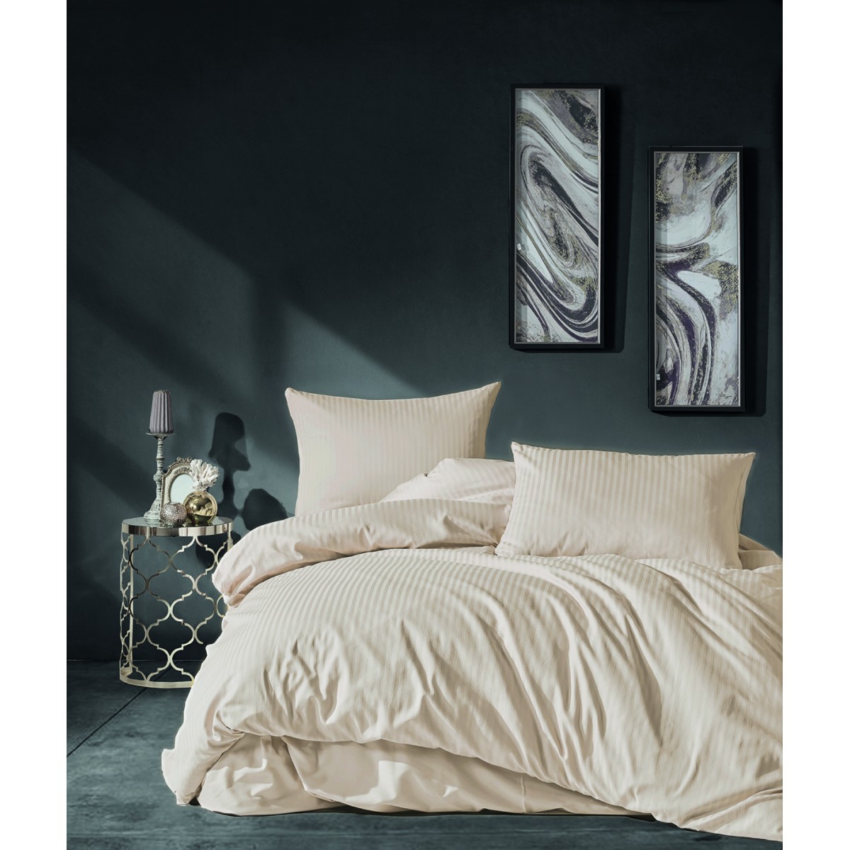Parure de lit - Satin de coton beige rayé