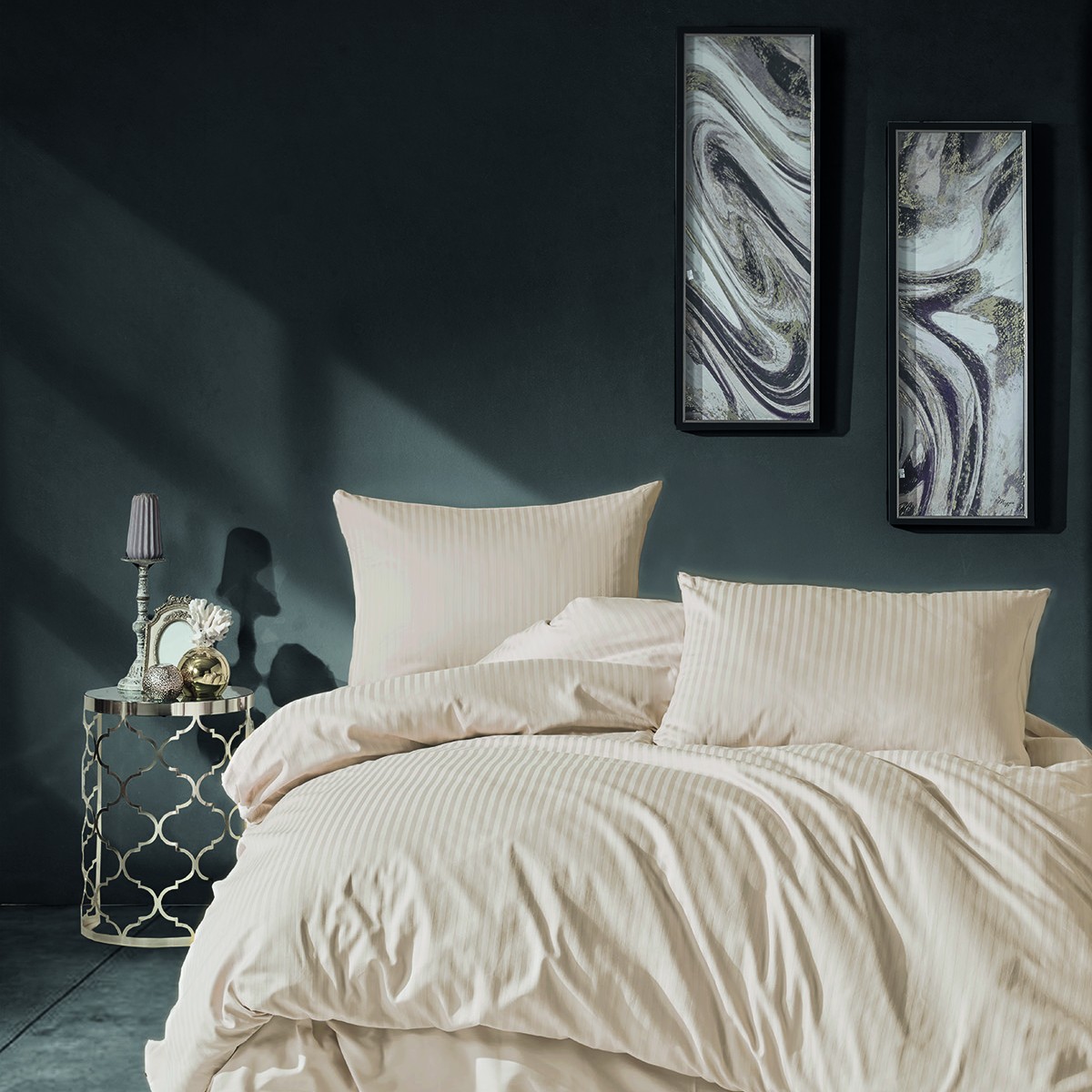 Parure de lit - Satin de coton beige rayé