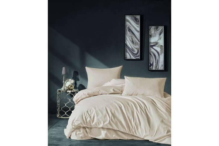 Parure de lit - Satin de coton beige rayé