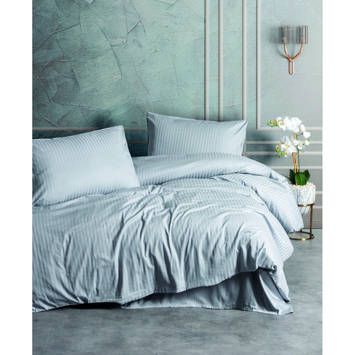Parure de lit - Satin de coton gris rayé