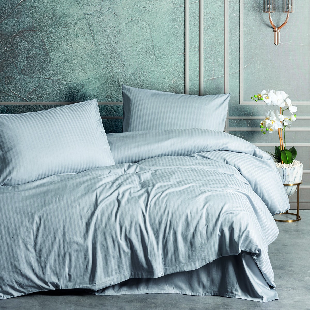 Parure de lit - Satin de coton gris rayé