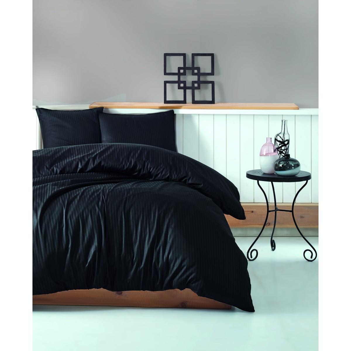Parure de lit - Satin de coton noir rayé