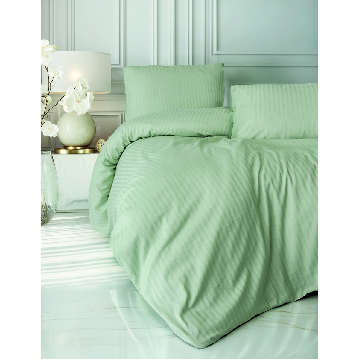 Parure de lit - Satin de coton tilleul rayé