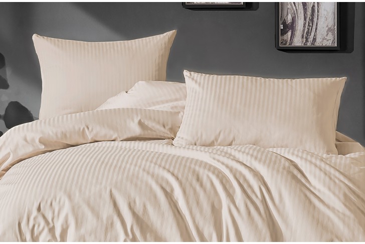 Parure de lit - Satin de coton beige rayé