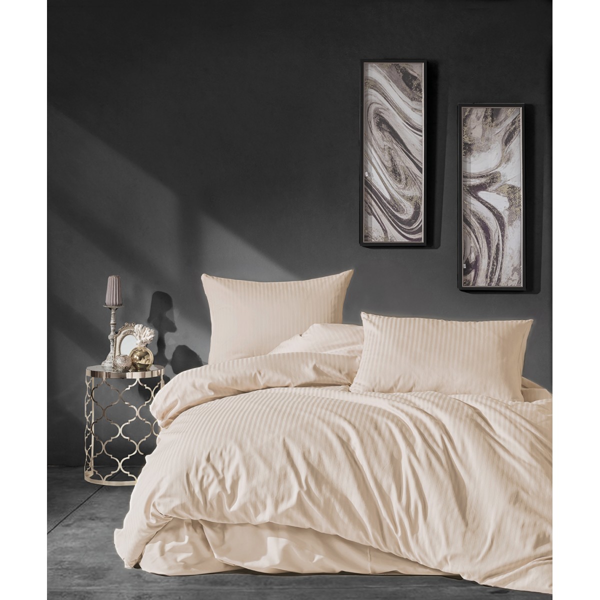 Parure de lit - Satin de coton beige rayé