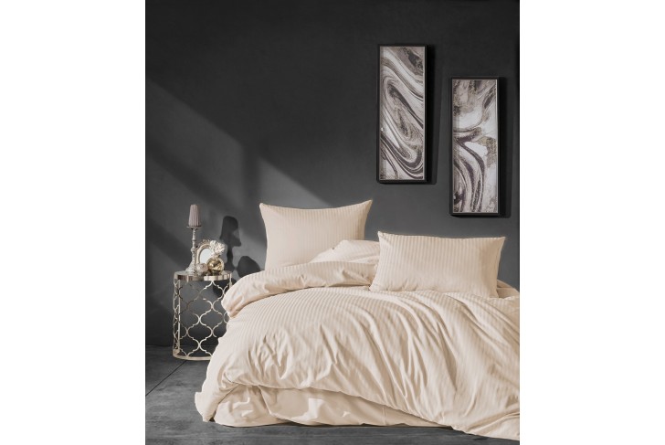 Parure de lit - Satin de coton beige rayé