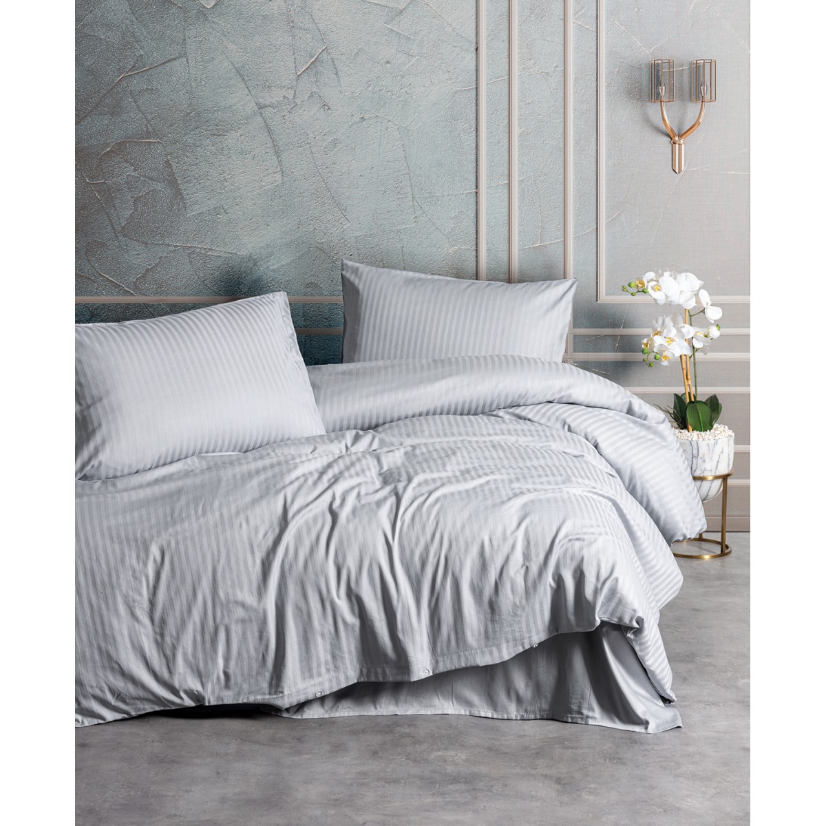 Parure de lit - Satin de coton gris rayé