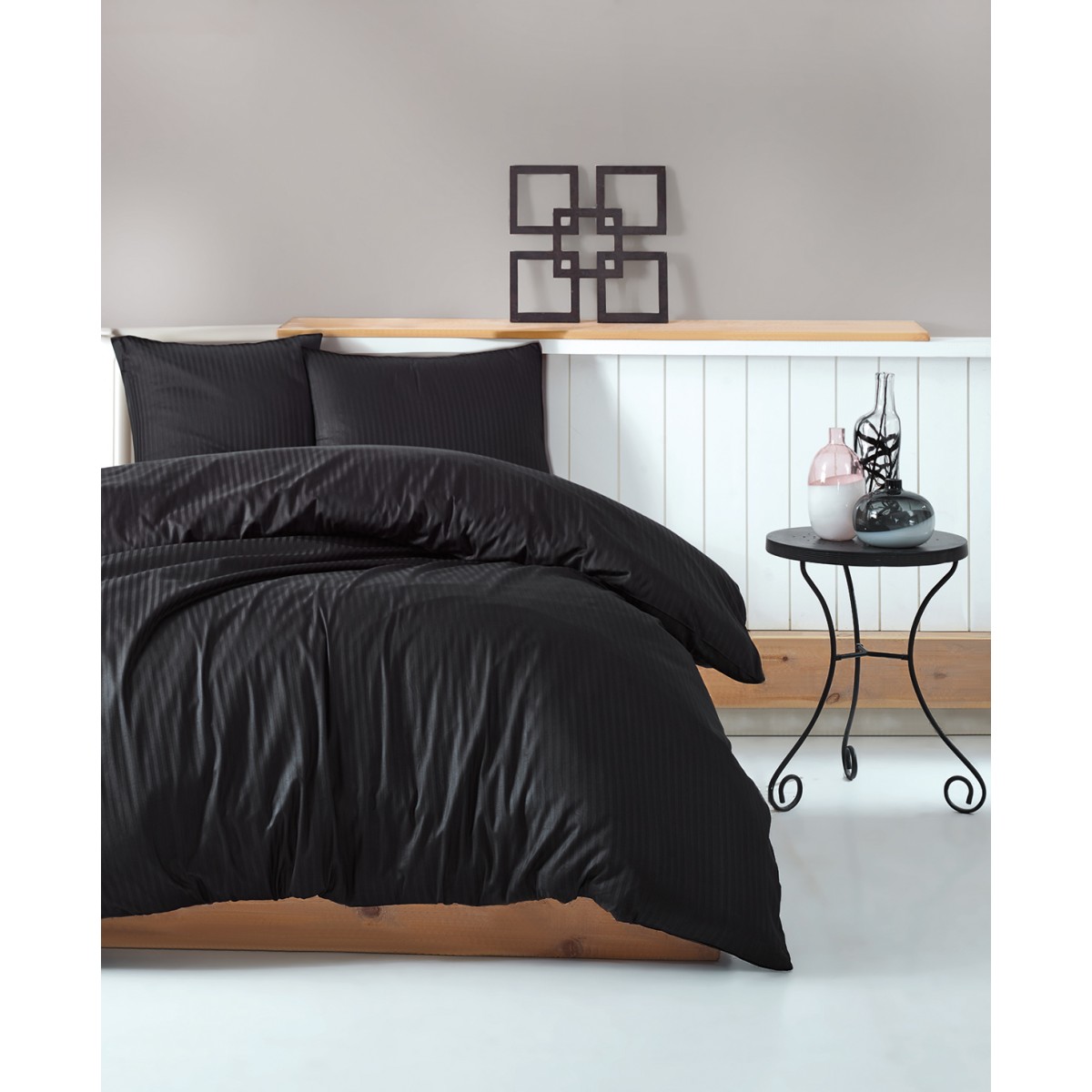 Parure de lit - Satin de coton noir rayé