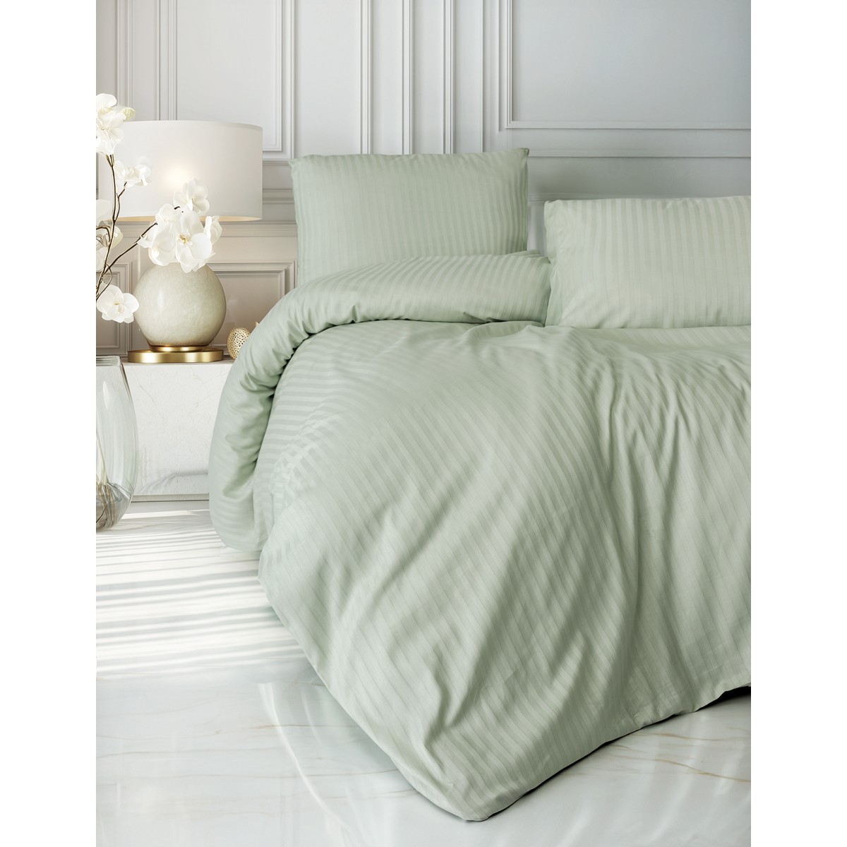 Parure de lit - Satin de coton tilleul rayé