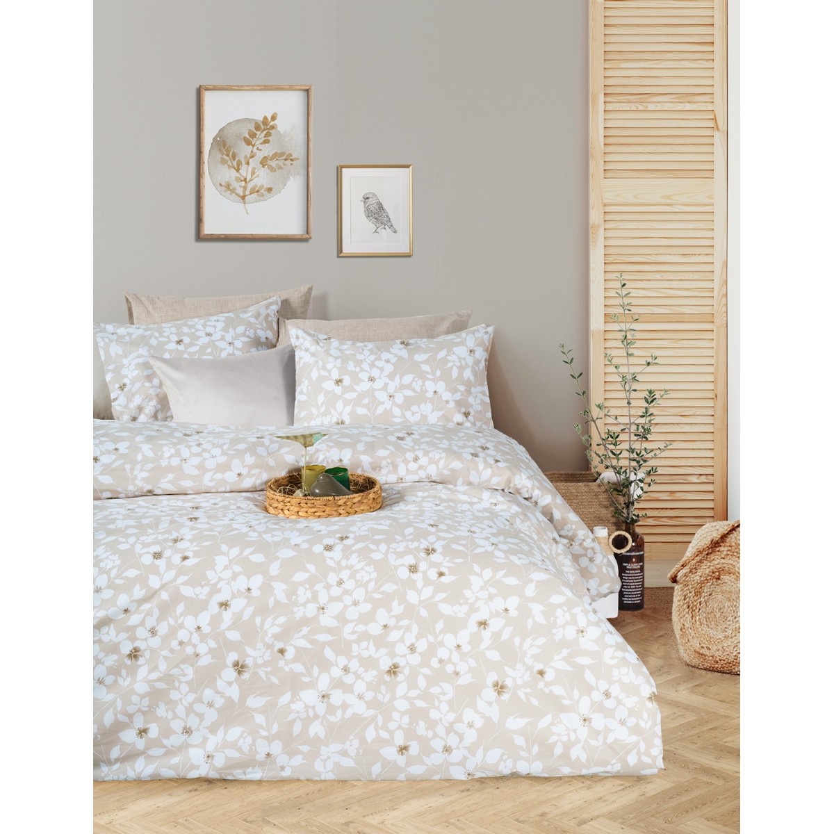 Parure de lit 100% coton FLEURS BEIGE