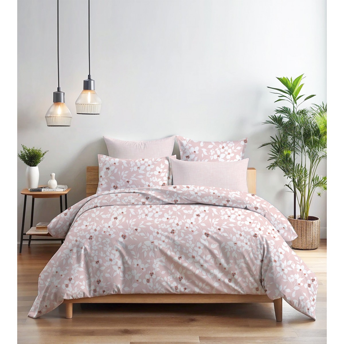 Parure de lit 100% coton FLEURS ROSE