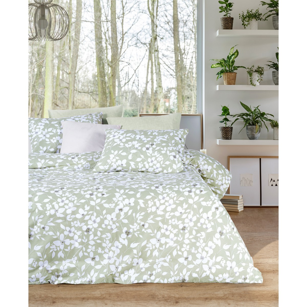 Parure de lit 100% coton FLEURS VERT