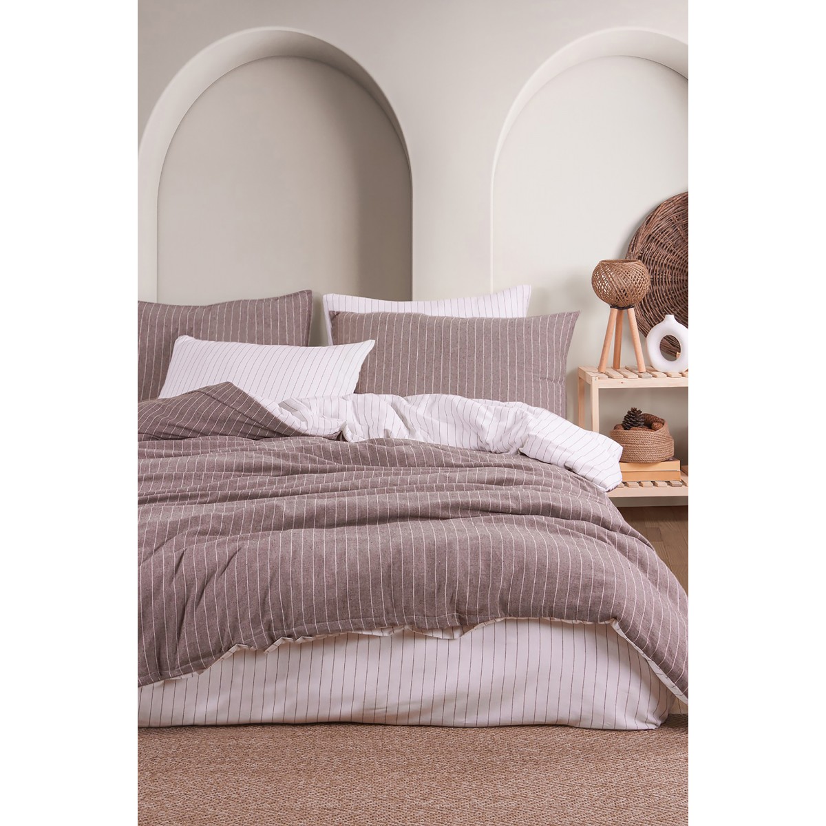 Parure de lit 100% coton Tisse teint Marron