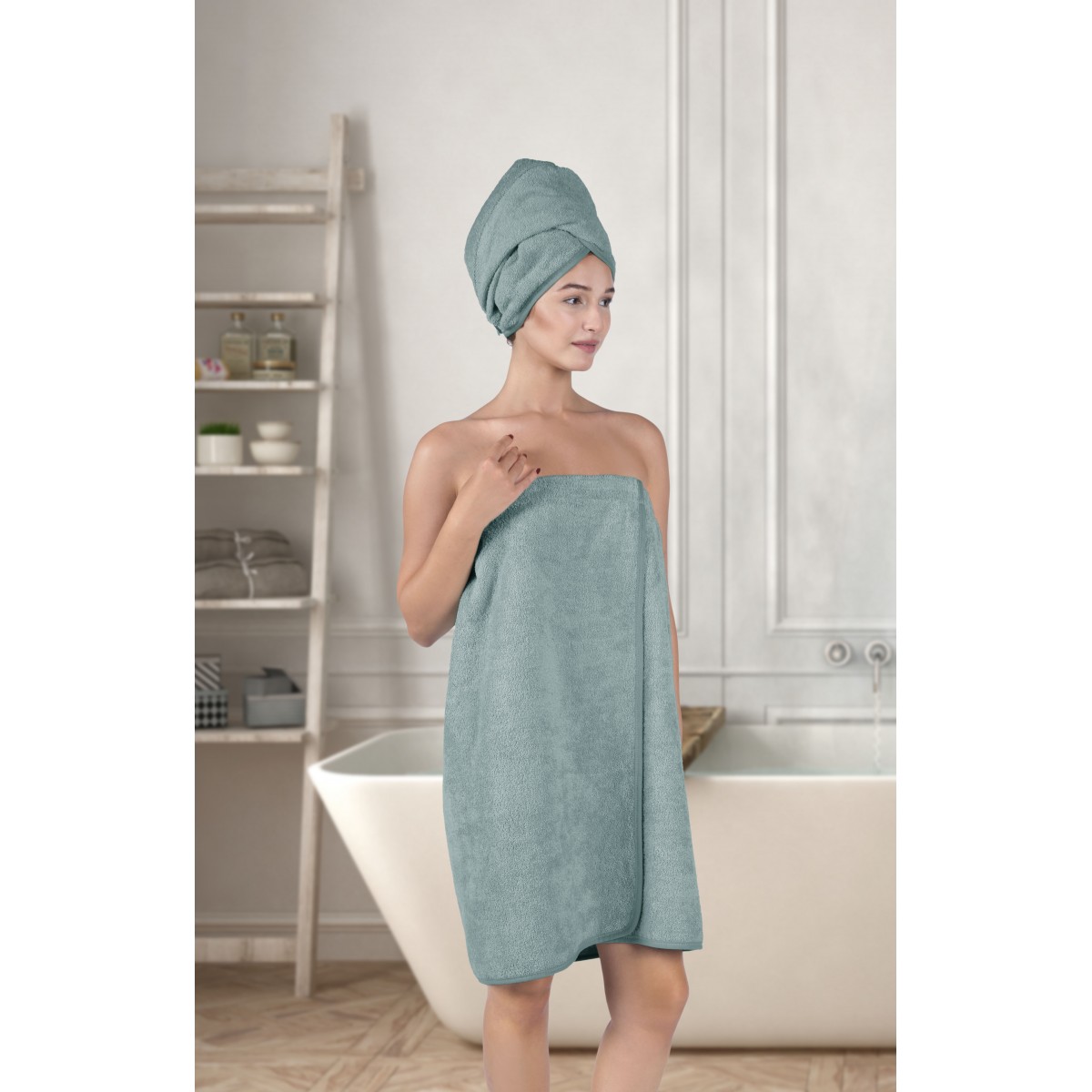 Set Paréo et serviette à cheveux Céladon
