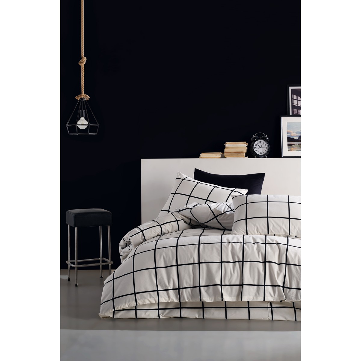Parure de lit 100%coton CARREAUX NOIR